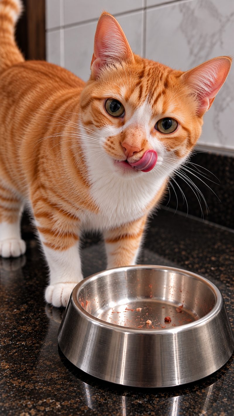 Gato laranja lambendo o focinho ao lado da tigela vazia