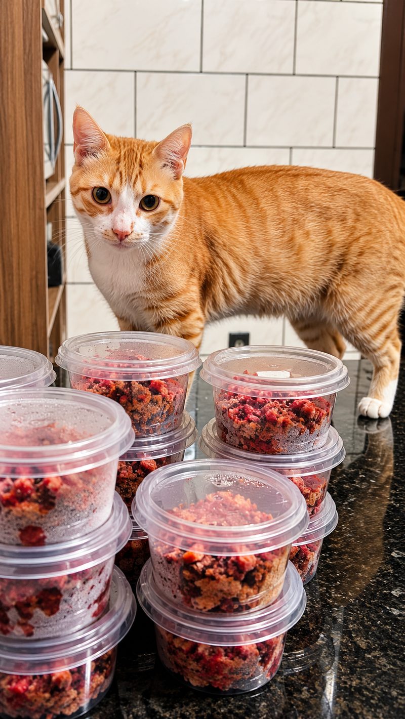Gato laranja e branco atrás de potes com porções de comida natural congeladas