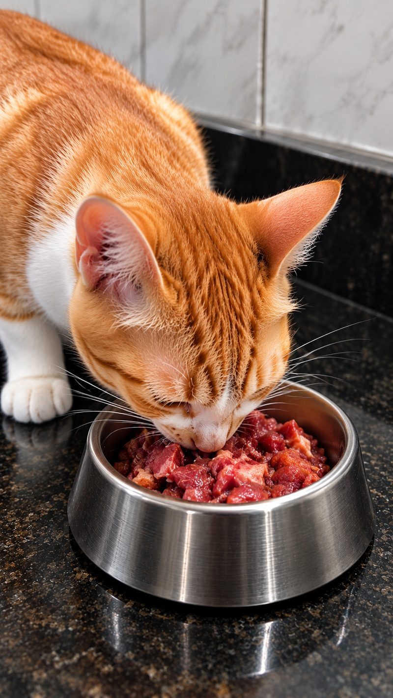 Gato laranja comendo comida natural em uma tigela de aço