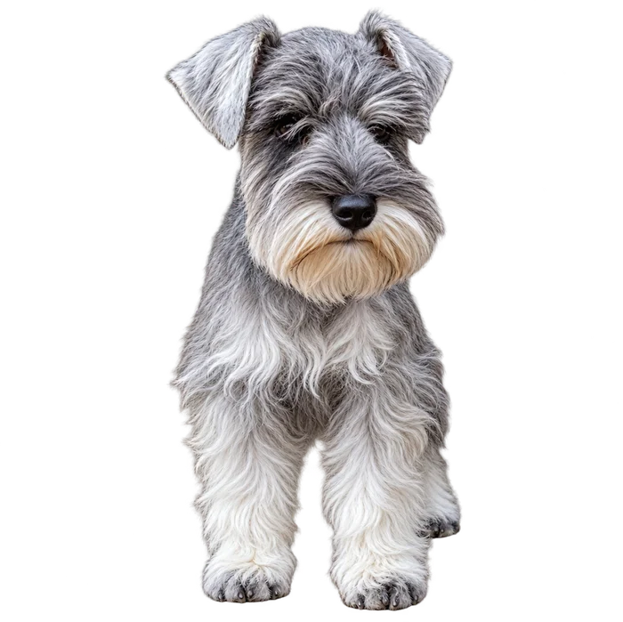 Ralf, cachorro schnauzer cinza e branco, em pé olhando para baixo